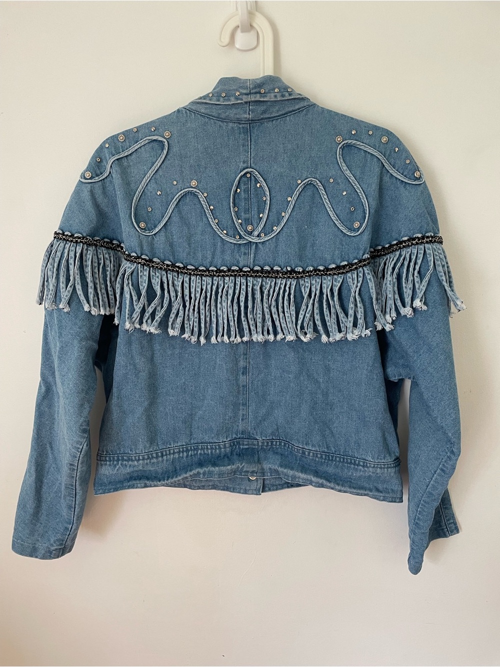 Vintage cache western fringe rhinestone denim jacket size M - Picture 8 of 10